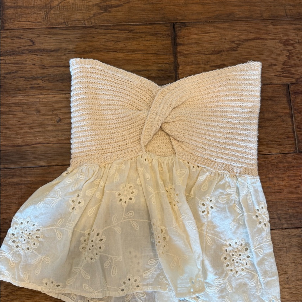 Cream Strapless Knit and Lace Top